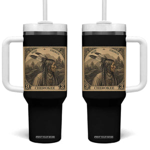 Cherokee Pride Strength Tumbler With Handle Native American Vintage Postage Stamp Graphic TS12 One Size: 40 oz Black Print Your Wear