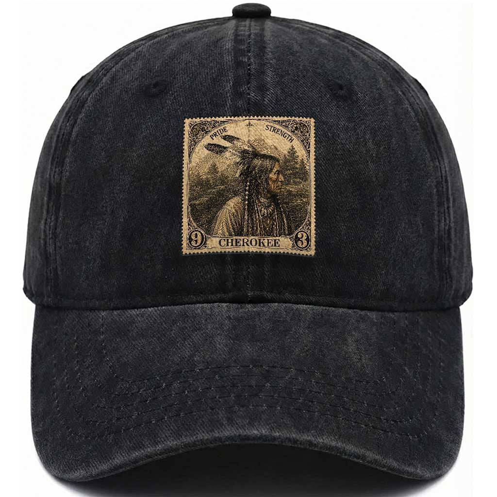 Cherokee Pride Strength Washed Cotton Baseball Cap Native American Vintage Postage Stamp Graphic TS12 Print Your Wear