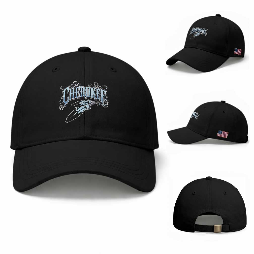 Cherokee Native American Heritage Baseball Cap Blue Feather Filigree Typography TS12 Baseball Cap Universal Fit Black Print Your Wear