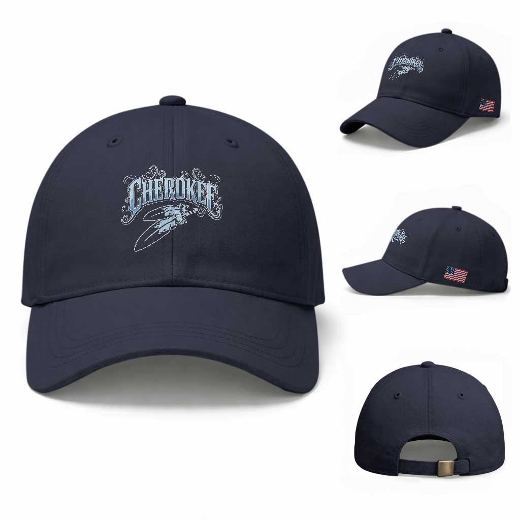 Cherokee Native American Heritage Baseball Cap Blue Feather Filigree Typography TS12 Baseball Cap Universal Fit Navy Print Your Wear