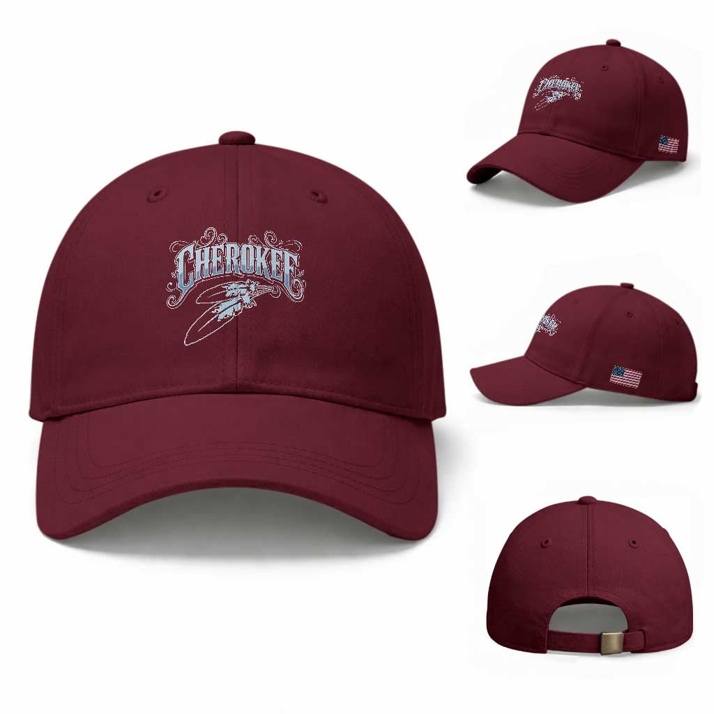 Cherokee Native American Heritage Baseball Cap Blue Feather Filigree Typography TS12 Baseball Cap Universal Fit Maroon Print Your Wear