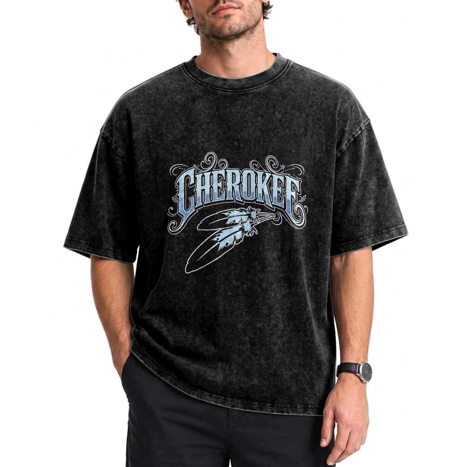 Cherokee Native American Heritage Washed Cotton T-Shirt Blue Feather Filigree Typography