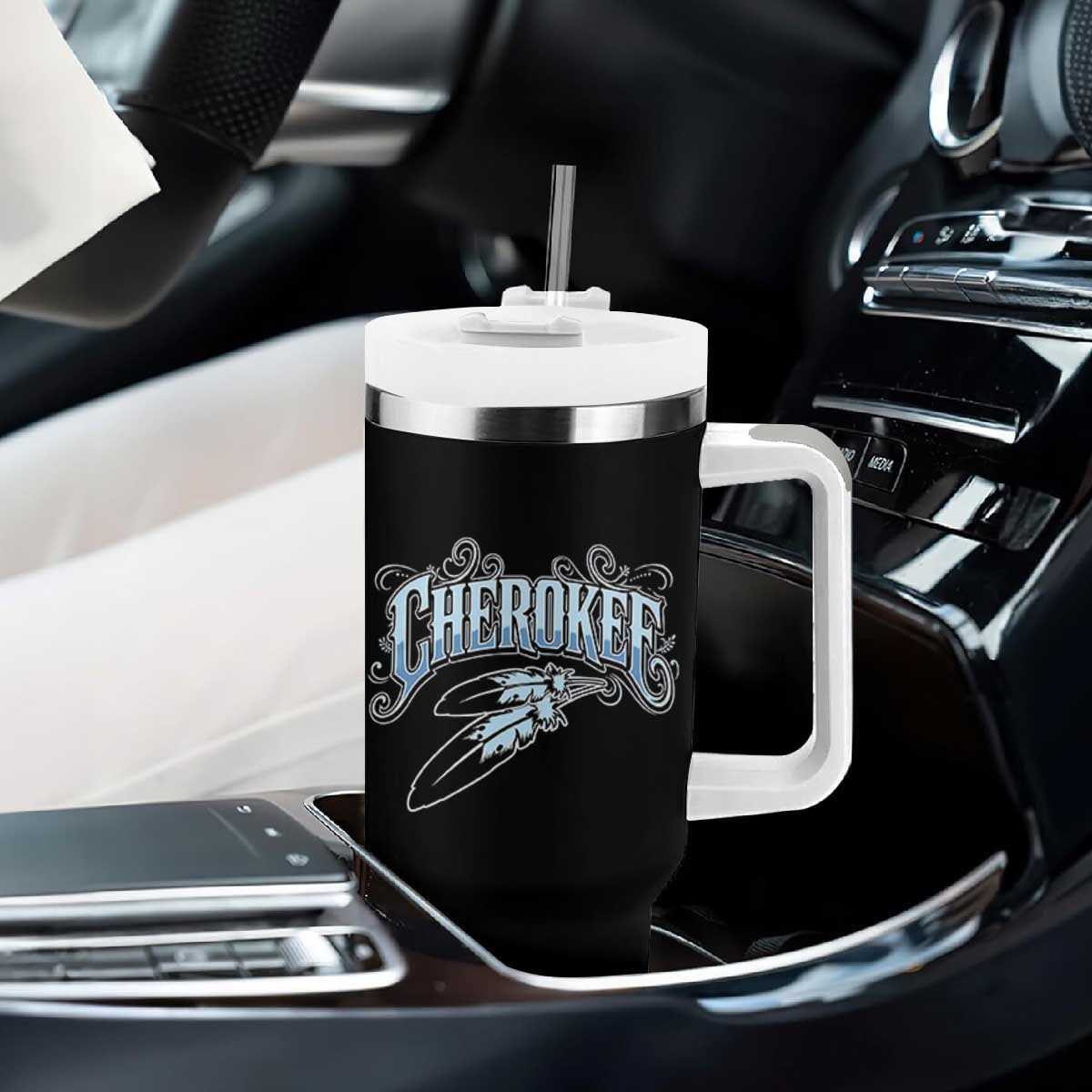 Cherokee Native American Heritage Tumbler With Handle Blue Feather Filigree Typography TS12 Print Your Wear