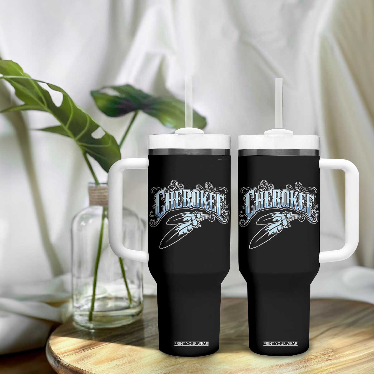 Cherokee Native American Heritage Tumbler With Handle Blue Feather Filigree Typography TS12 Print Your Wear