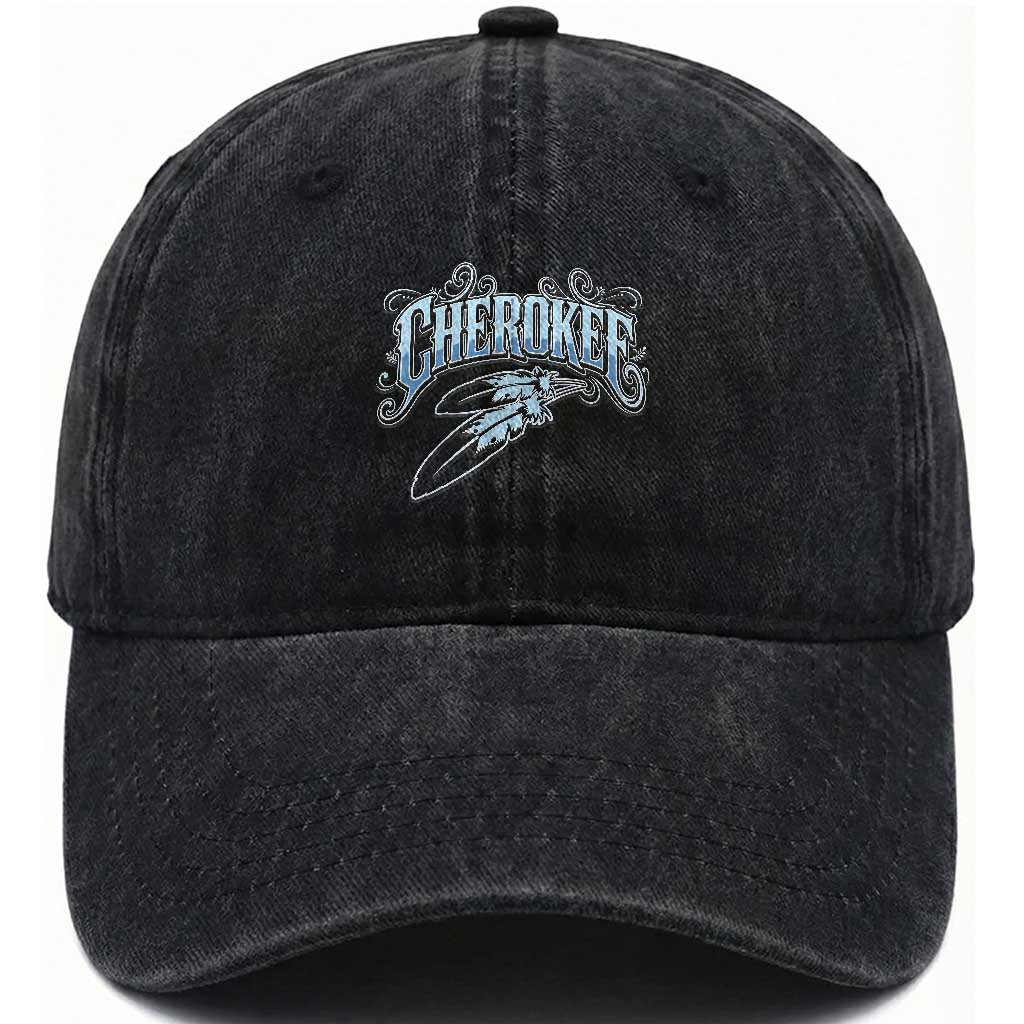 Cherokee Native American Heritage Washed Cotton Baseball Cap Blue Feather Filigree Typography TS12 Print Your Wear