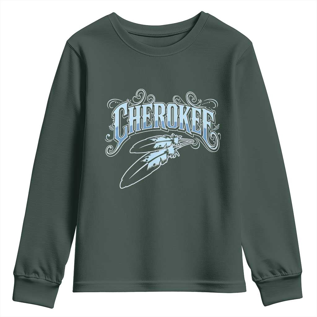 Cherokee Native American Heritage Youth Sweatshirt Blue Feather Filigree Typography TS12 Dark Forest Green Print Your Wear