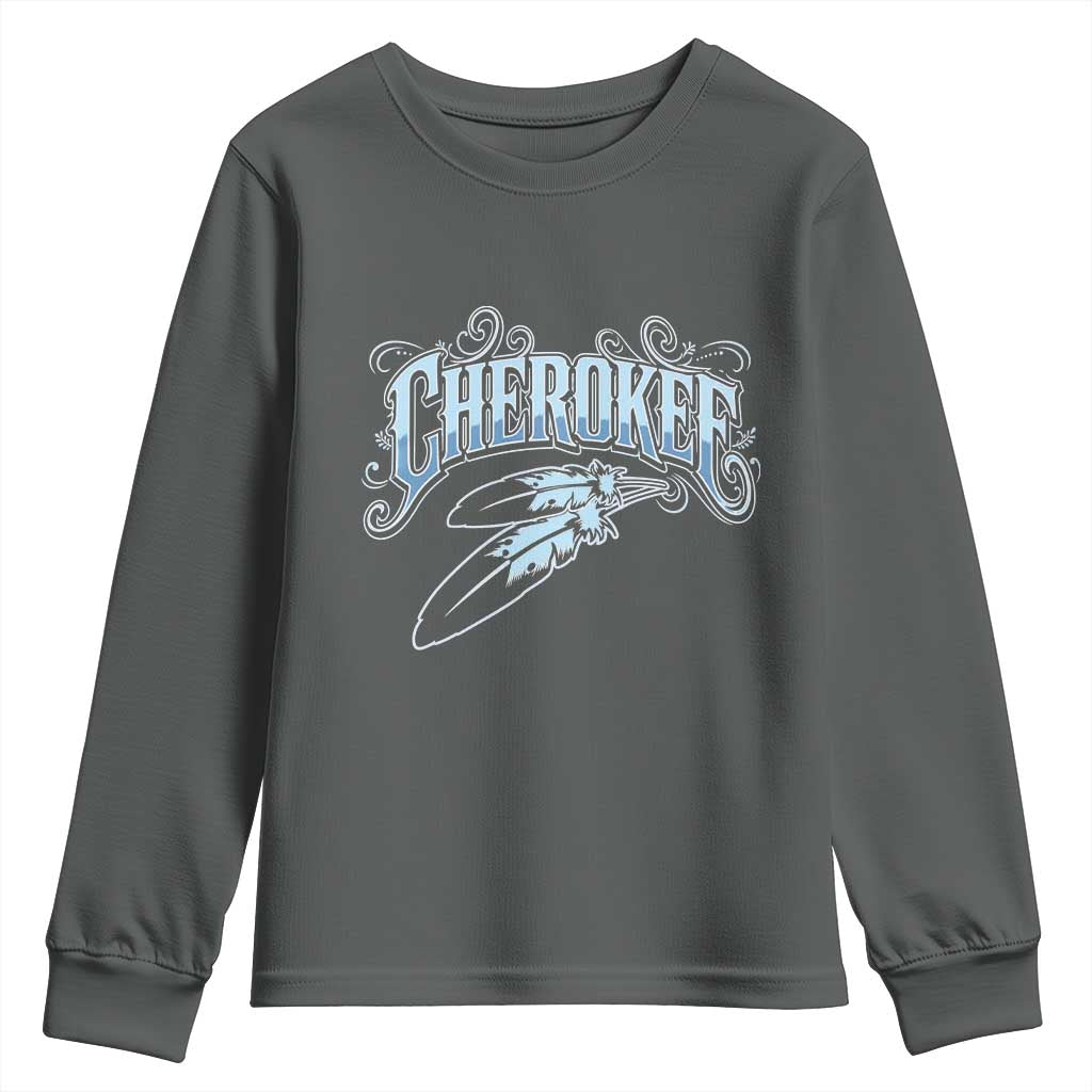 Cherokee Native American Heritage Youth Sweatshirt Blue Feather Filigree Typography TS12 Dark Heather Print Your Wear