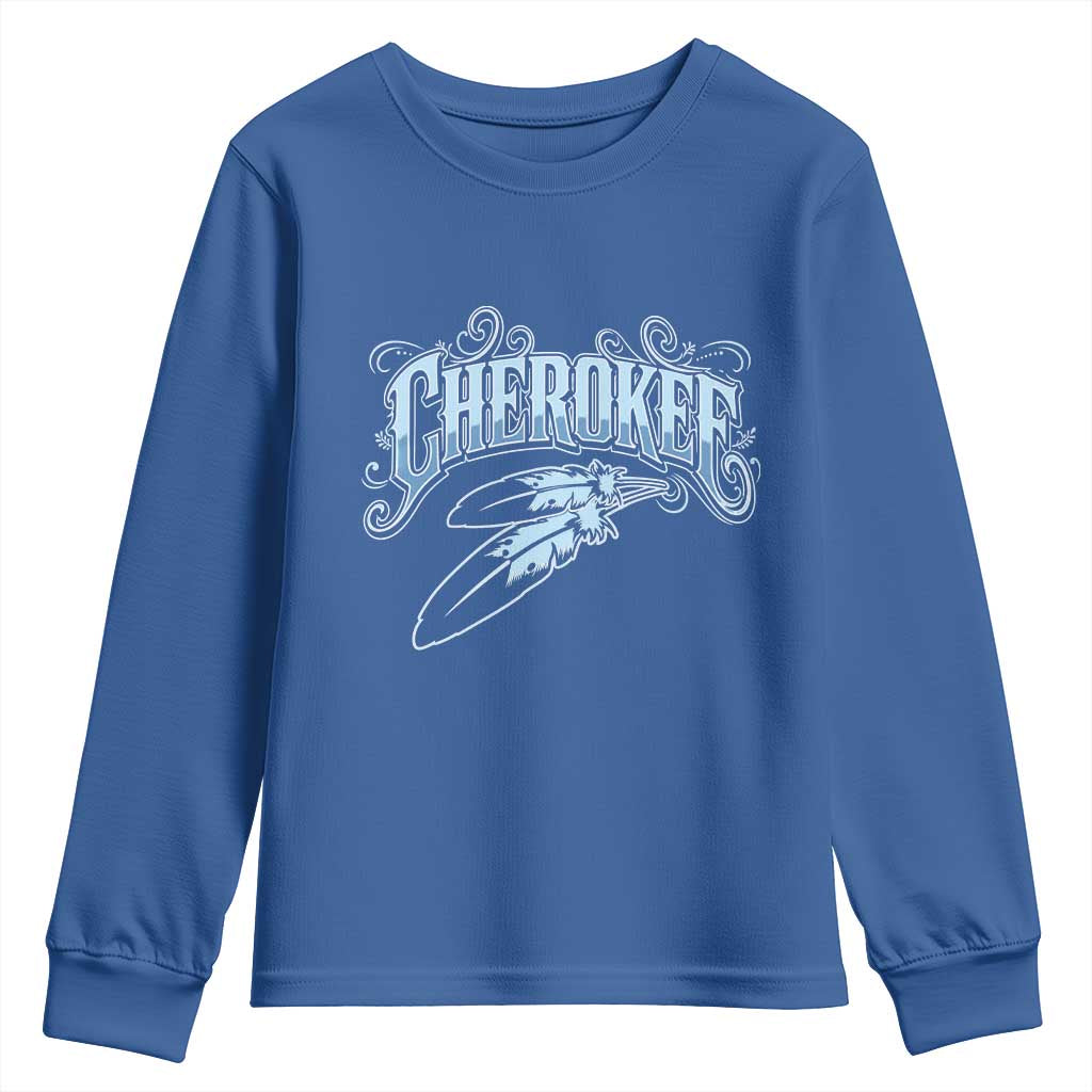 Cherokee Native American Heritage Youth Sweatshirt Blue Feather Filigree Typography TS12 Royal Blue Print Your Wear