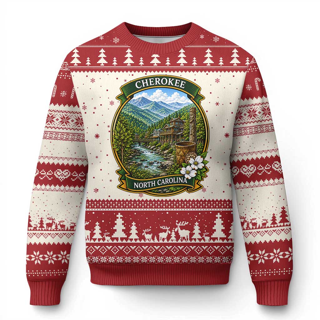 Vintage Great Smoky Mountains Ugly Christmas Sweater Cherokee North Carolina Landscape TS12 Beige Red Print Your Wear
