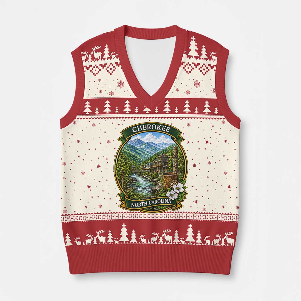 Vintage Great Smoky Mountains V-Neck Knit Sweater Vest Cherokee North Carolina Landscape TS12 Beige Red Print Your Wear