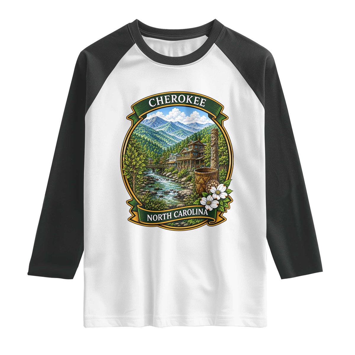 Vintage Great Smoky Mountains Raglan Shirt Cherokee North Carolina Landscape TS12 White Black Print Your Wear