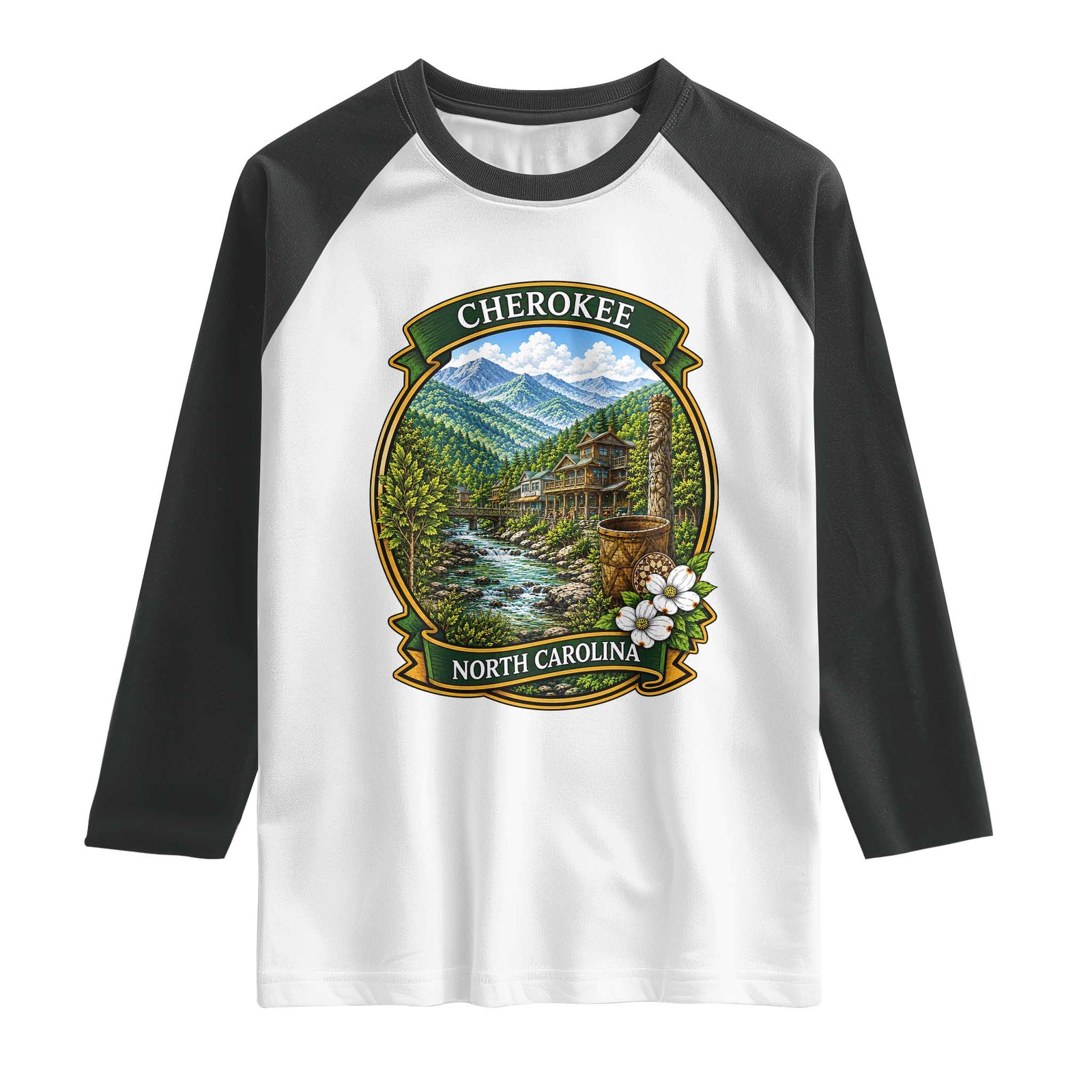 Vintage Great Smoky Mountains Raglan Shirt Cherokee North Carolina Landscape TS12 White Black Print Your Wear