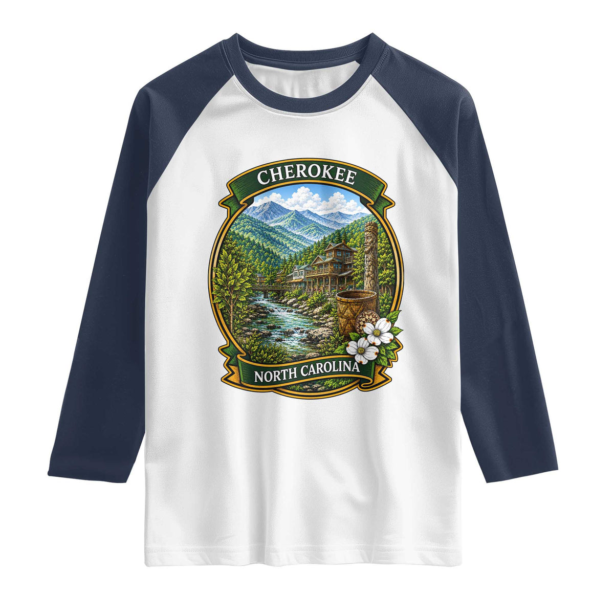 Vintage Great Smoky Mountains Raglan Shirt Cherokee North Carolina Landscape TS12 White Navy Print Your Wear