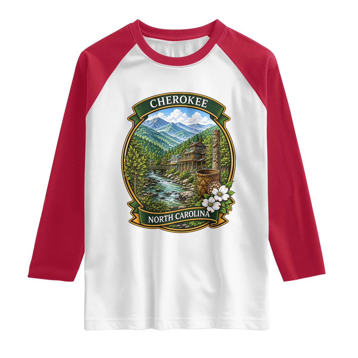Vintage Great Smoky Mountains Raglan Shirt Cherokee North Carolina Landscape TS12 White Red Print Your Wear