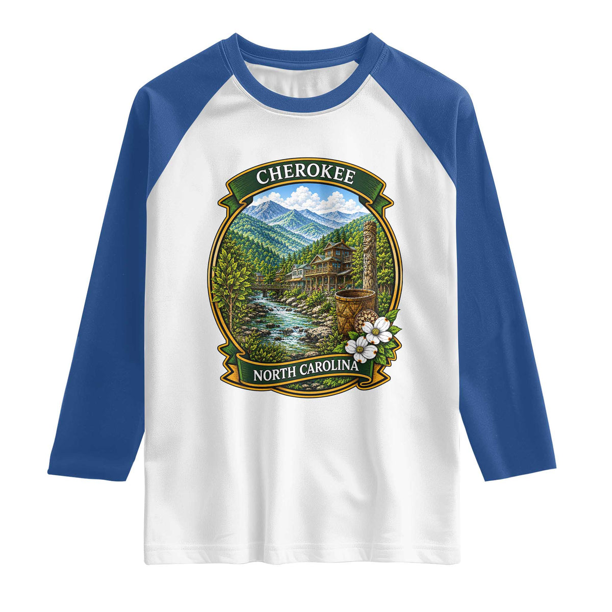 Vintage Great Smoky Mountains Raglan Shirt Cherokee North Carolina Landscape TS12 White Royal Print Your Wear