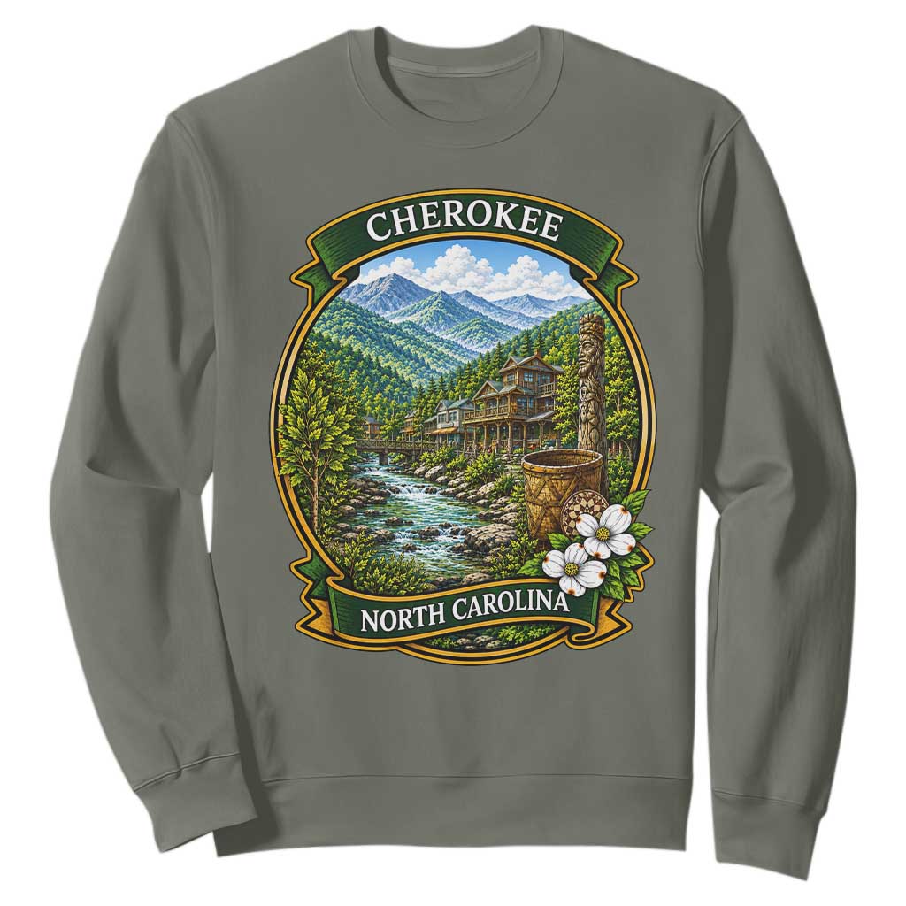 Vintage Great Smoky Mountains Sweatshirt Cherokee North Carolina Landscape TS12 Military Green Print Your Wear