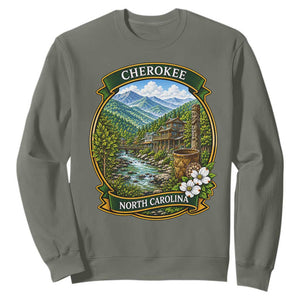 Vintage Great Smoky Mountains Sweatshirt Cherokee North Carolina Landscape TS12 Military Green Print Your Wear
