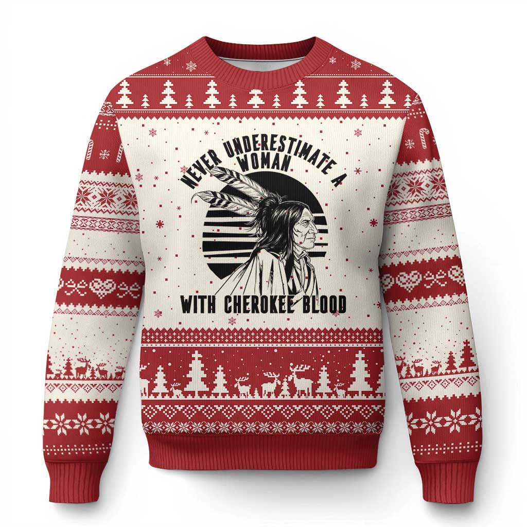 Never Underestimate A Woman With Cherokee Blood Ugly Christmas Sweater Native American Heritage Gift TS12 Beige Red Print Your Wear
