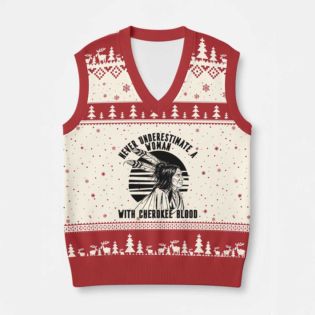 Never Underestimate A Woman With Cherokee Blood V-Neck Knit Sweater Vest Native American Heritage Gift TS12 Beige Red Print Your Wear