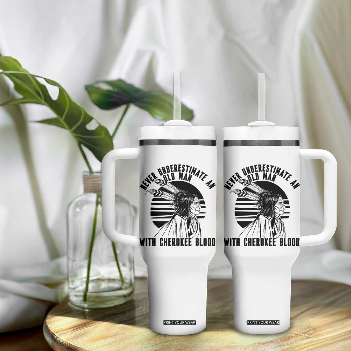 Never Underestimate An Old Man With Cherokee Blood Tumbler With Handle Native American Heritage Gift TS12 Print Your Wear
