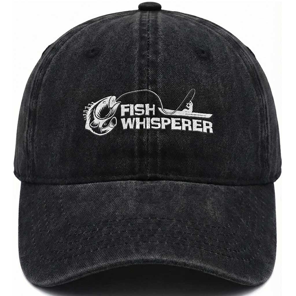 The Fish Whisperer Washed Cotton Baseball Cap Funny Fishing Gift TS12 Washed Cap Universal Fit Black Print Your Wear