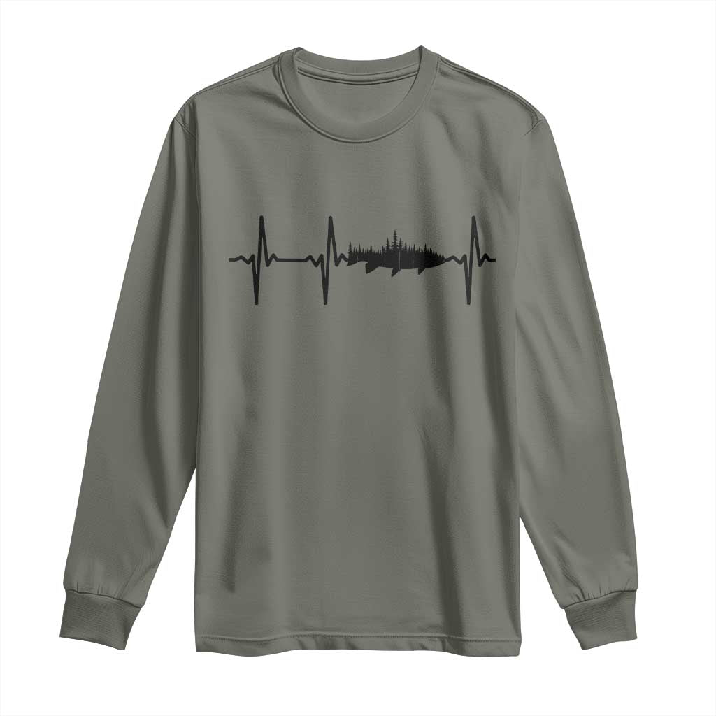 Fish And Forest Fishing Lover Heartbeat Gift Long Sleeve Shirt TS12 Military Green Print Your Wear