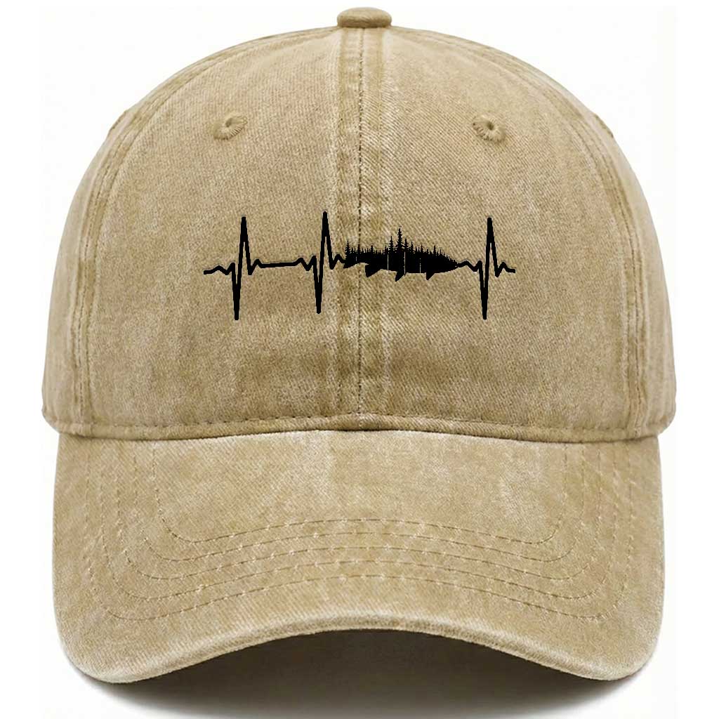 Fish And Forest Fishing Lover Heartbeat Gift Washed Cotton Baseball Cap TS12 Washed Cap Universal Fit Khaki Print Your Wear