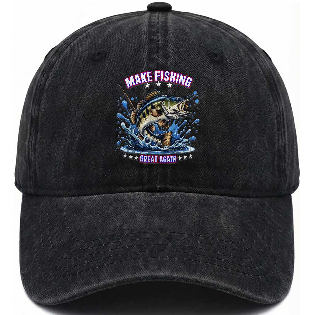 Funny Make Fishing Great Again Washed Cotton Baseball Cap Fisherman Gift TS12 Washed Cap Universal Fit Black Print Your Wear