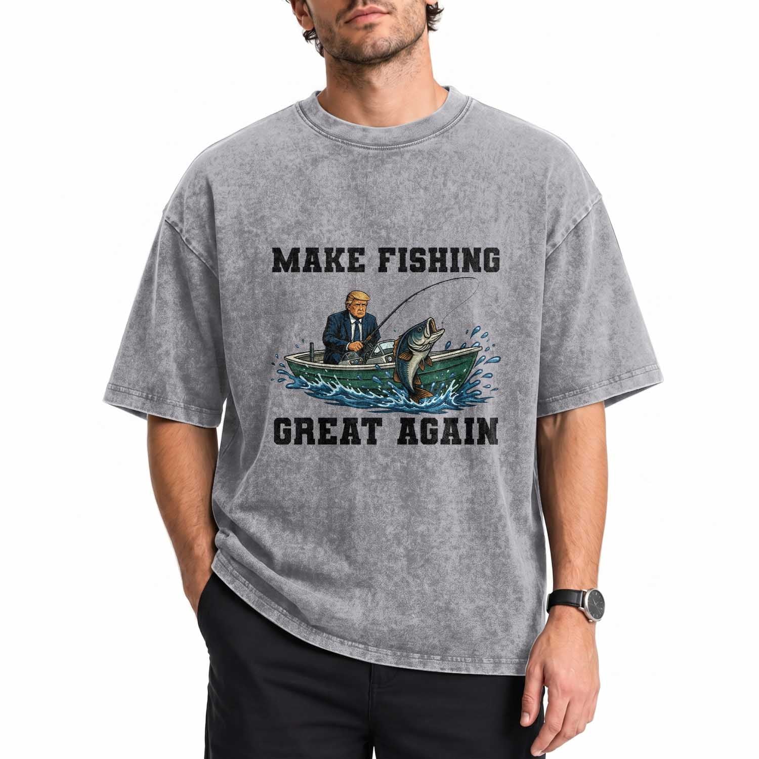 Funny Trump Washed Cotton T-Shirt Make Fishing Great Again American Flag Gift