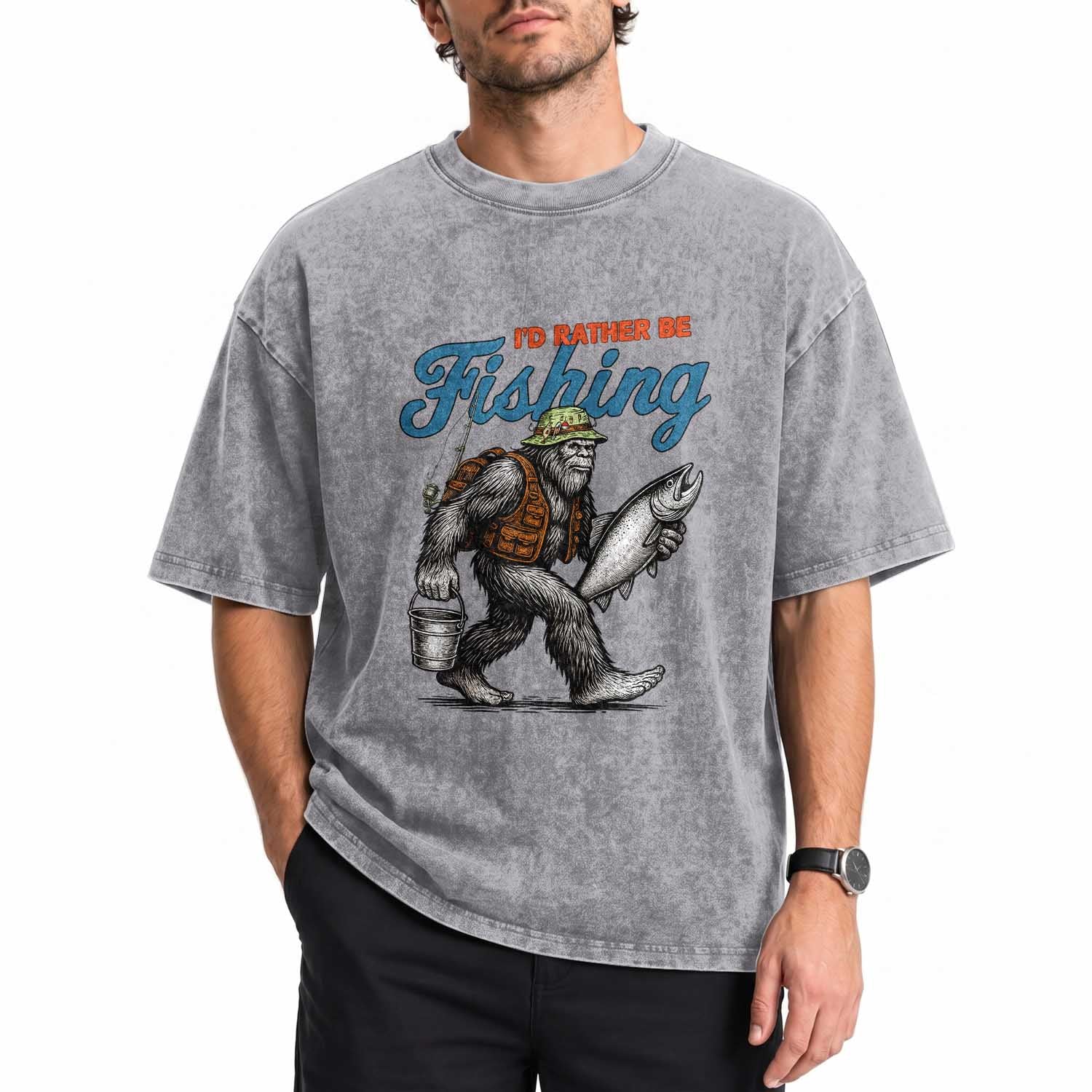 Id Rather Be Fishing Washed Cotton T-Shirt Funny Bigfoot Fishing