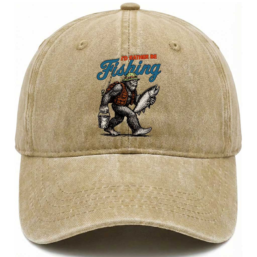 Id Rather Be Fishing Washed Cotton Baseball Cap Funny Bigfoot Fishing TS12 Washed Cap Universal Fit Khaki Print Your Wear