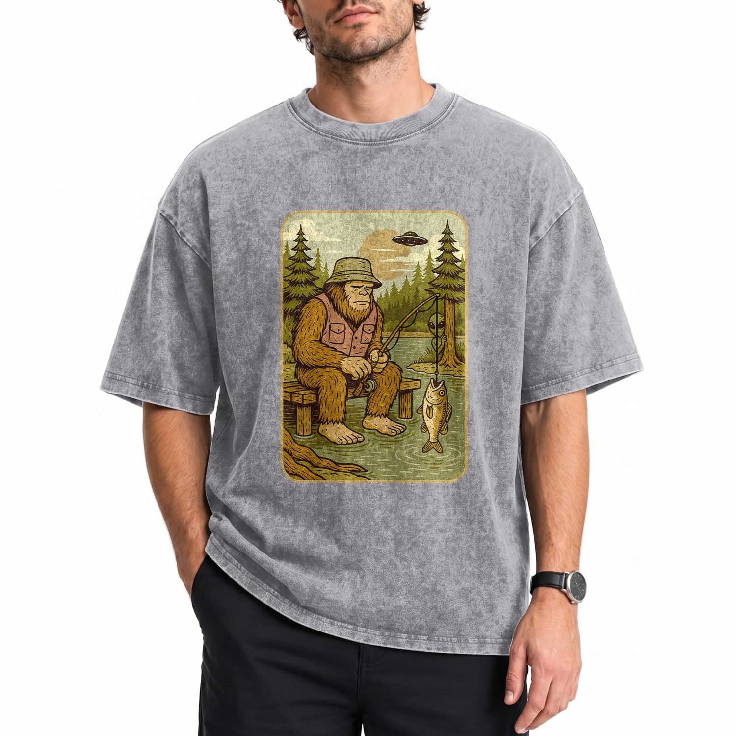 Funny Bigfoot Alien Washed Cotton T-Shirt Fishing Lover Gift