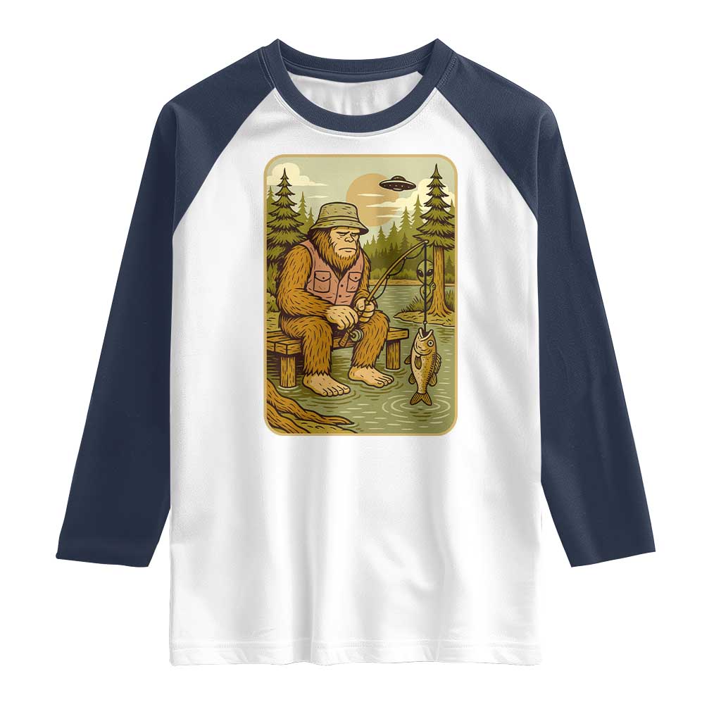 Funny Bigfoot Alien Raglan Shirt Fishing Lover Gift TS12 White Navy Print Your Wear