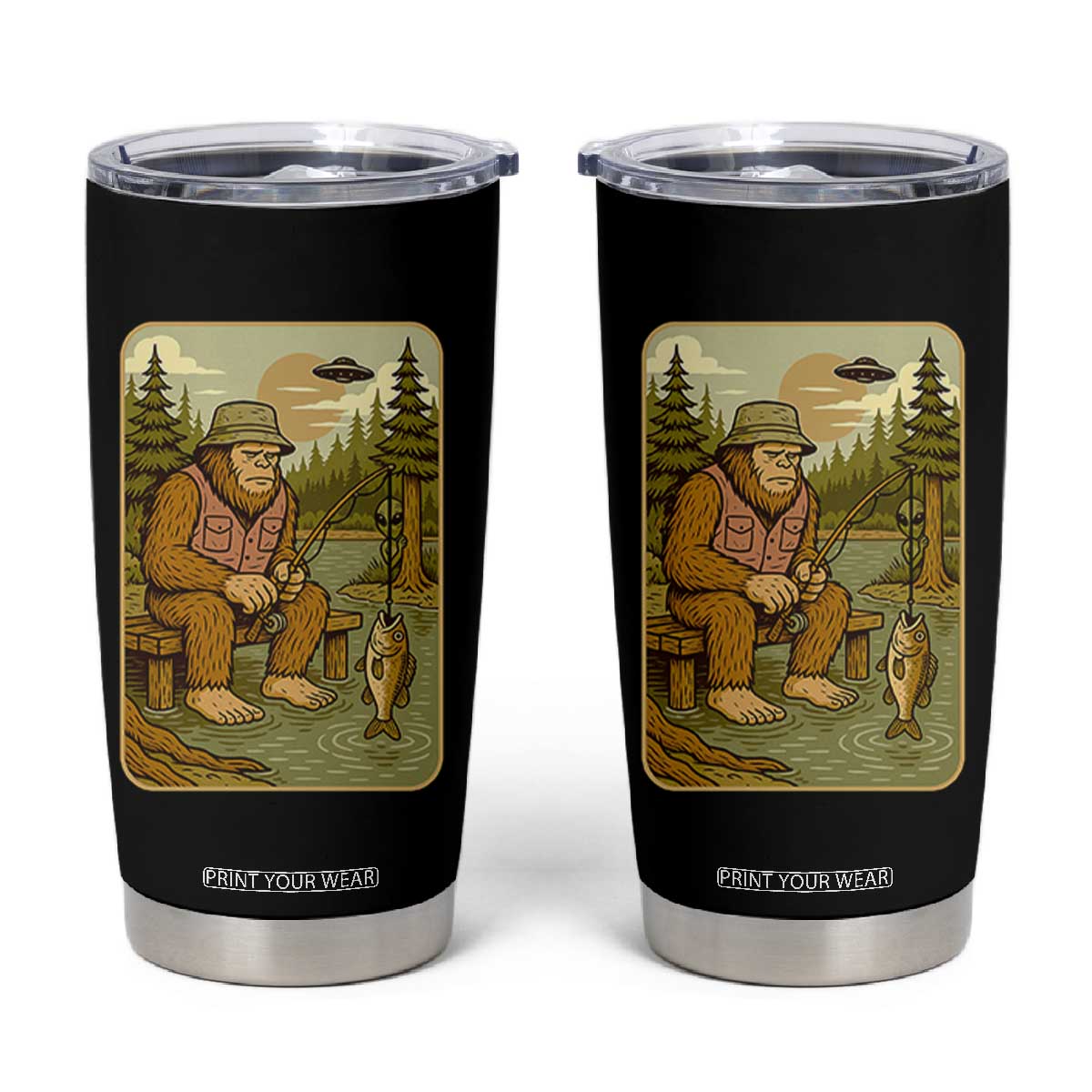 Funny Bigfoot Alien Tumbler Cup Fishing Lover Gift TS12 Black Print Your Wear