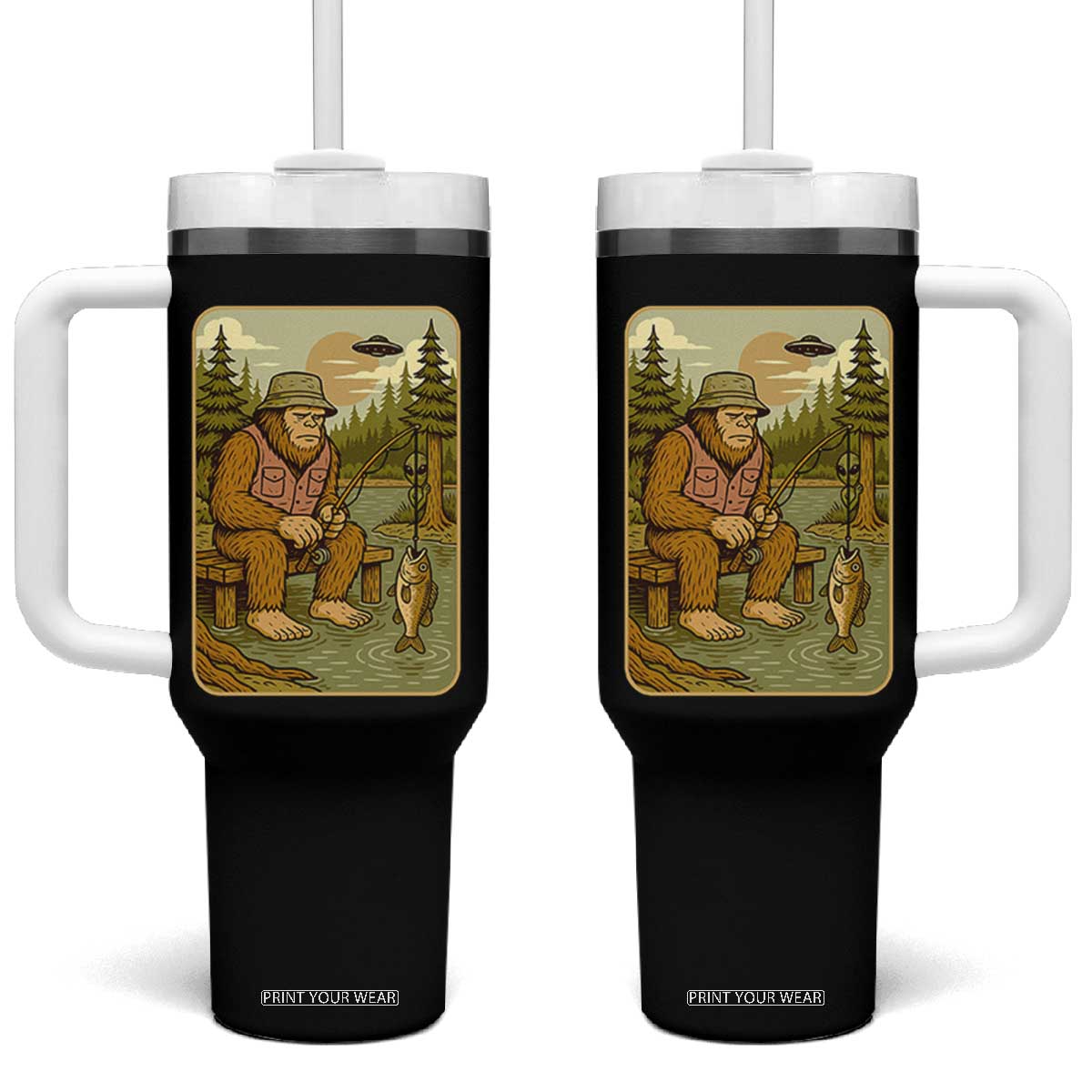 Funny Bigfoot Alien Tumbler With Handle Fishing Lover Gift TS12 One Size: 40 oz Black Print Your Wear