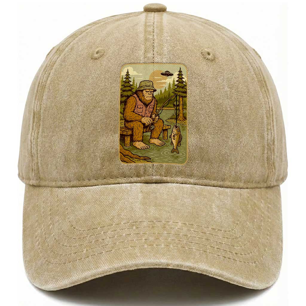 Funny Bigfoot Alien Washed Cotton Baseball Cap Fishing Lover Gift TS12 Washed Cap Universal Fit Khaki Print Your Wear