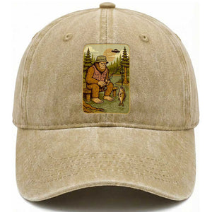 Funny Bigfoot Alien Washed Cotton Baseball Cap Fishing Lover Gift TS12 Washed Cap Universal Fit Khaki Print Your Wear