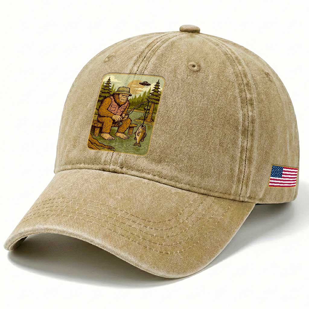Funny Bigfoot Alien Washed Cotton Baseball Cap Fishing Lover Gift TS12 Print Your Wear