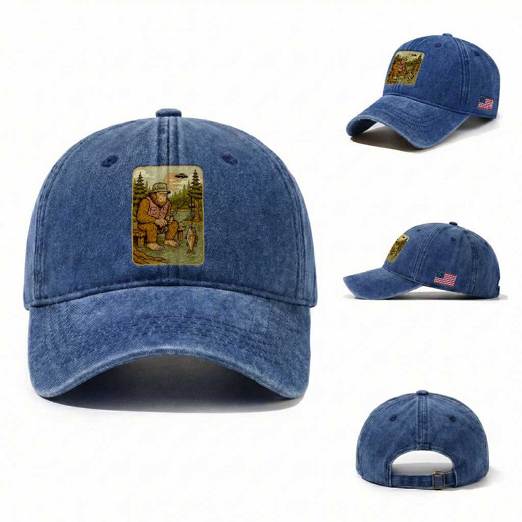 Funny Bigfoot Alien Washed Cotton Baseball Cap Fishing Lover Gift TS12 Washed Cap Universal Fit Royal Blue Print Your Wear