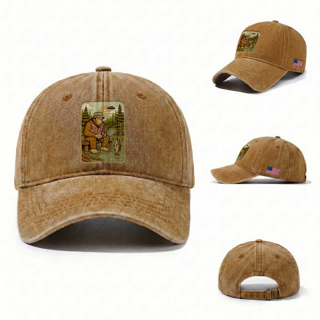Funny Bigfoot Alien Washed Cotton Baseball Cap Fishing Lover Gift TS12 Washed Cap Universal Fit Yellow Ochre Print Your Wear