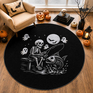 Halloween Skeleton Fishing Round Rug Funny Fisherman Gift
