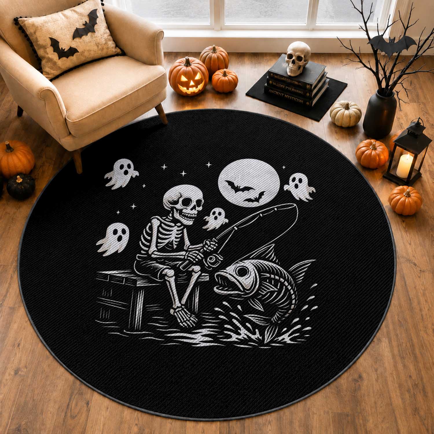 Halloween Skeleton Fishing Round Rug Funny Fisherman Gift