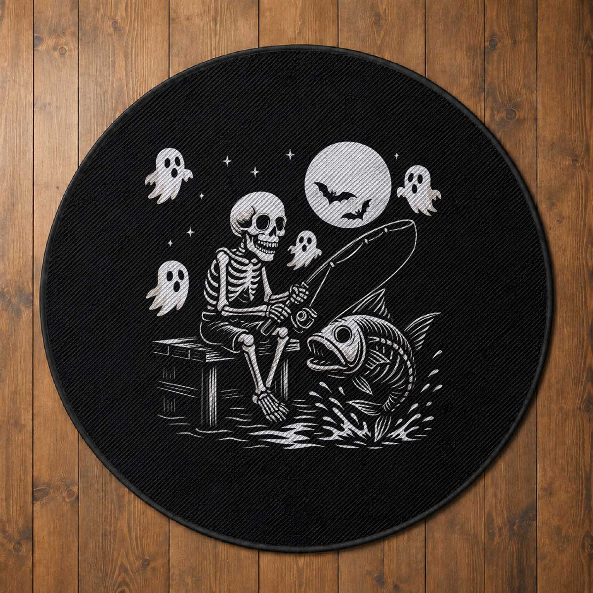 Halloween Skeleton Fishing Round Rug Funny Fisherman Gift