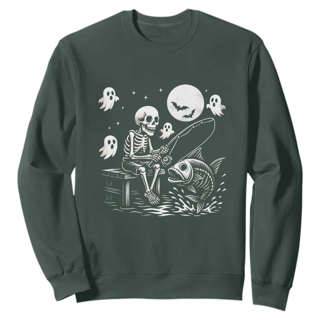 Halloween Skeleton Fishing Sweatshirt Funny Fisherman Gift TS12 Dark Forest Green Print Your Wear
