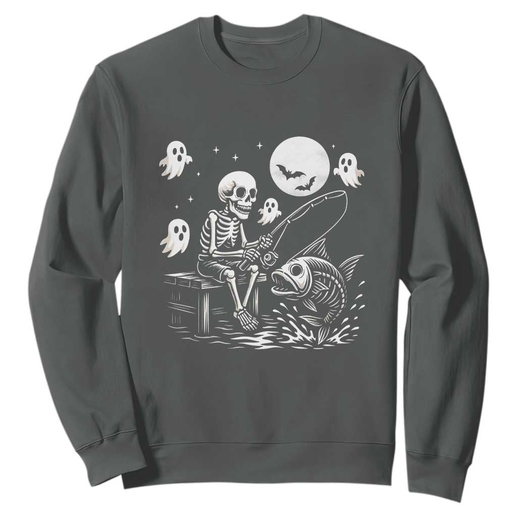 Halloween Skeleton Fishing Sweatshirt Funny Fisherman Gift TS12 Dark Heather Print Your Wear