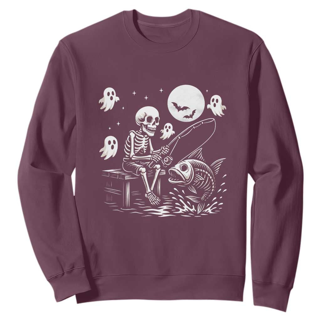 Halloween Skeleton Fishing Sweatshirt Funny Fisherman Gift TS12 Maroon Print Your Wear