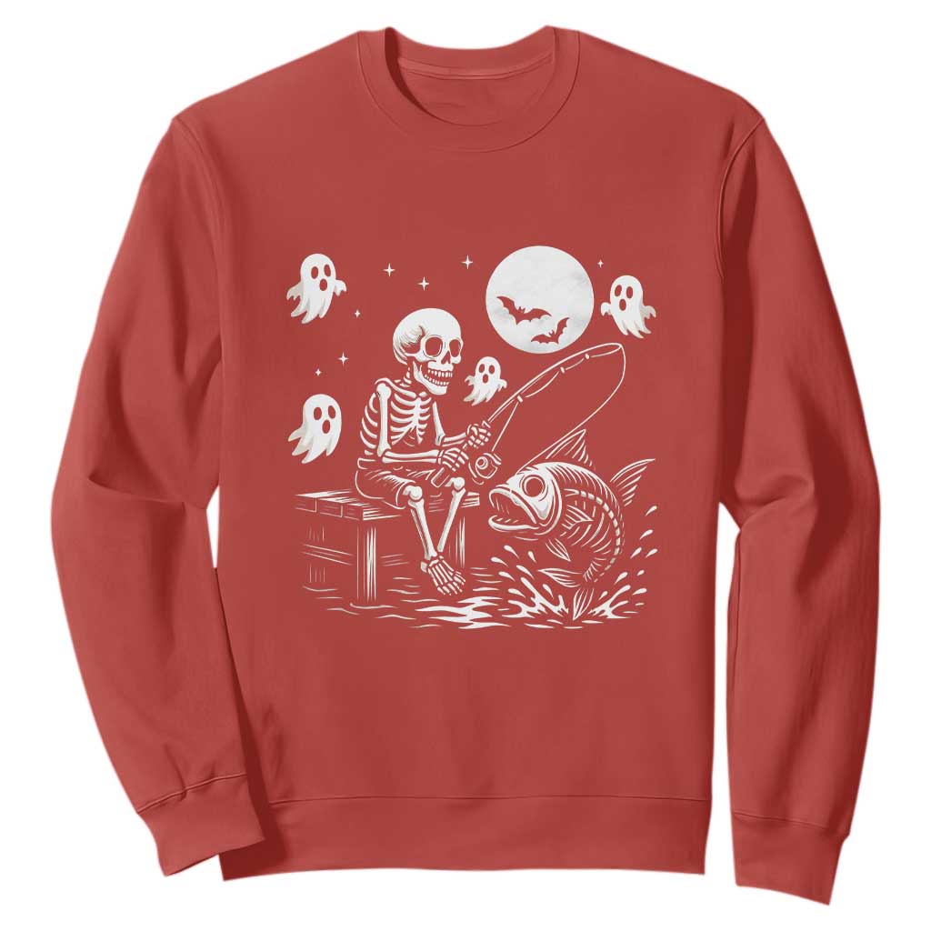 Halloween Skeleton Fishing Sweatshirt Funny Fisherman Gift TS12 Red Print Your Wear