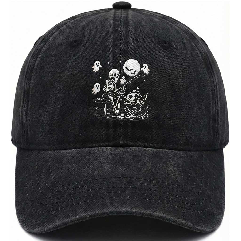 Halloween Skeleton Fishing Washed Cotton Baseball Cap Funny Fisherman Gift TS12 Washed Cap Universal Fit Black Print Your Wear