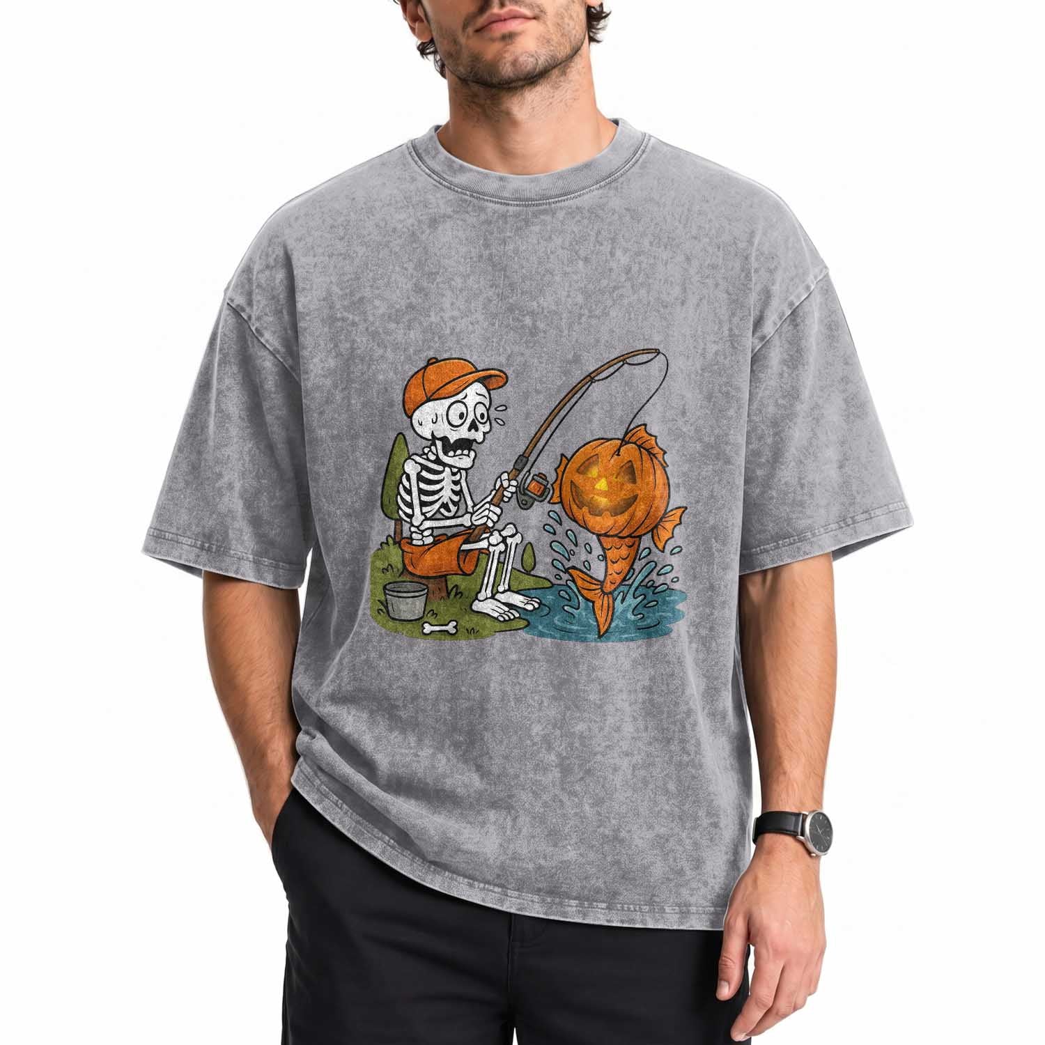 Halloween Fishing Lover Washed Cotton T-Shirt Skeleton Humor Gift