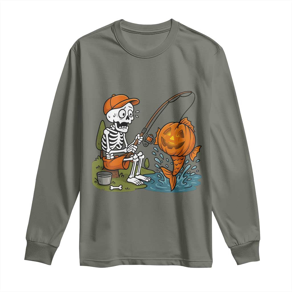 Halloween Fishing Lover Long Sleeve Shirt Skeleton Humor Gift TS12 Military Green Print Your Wear